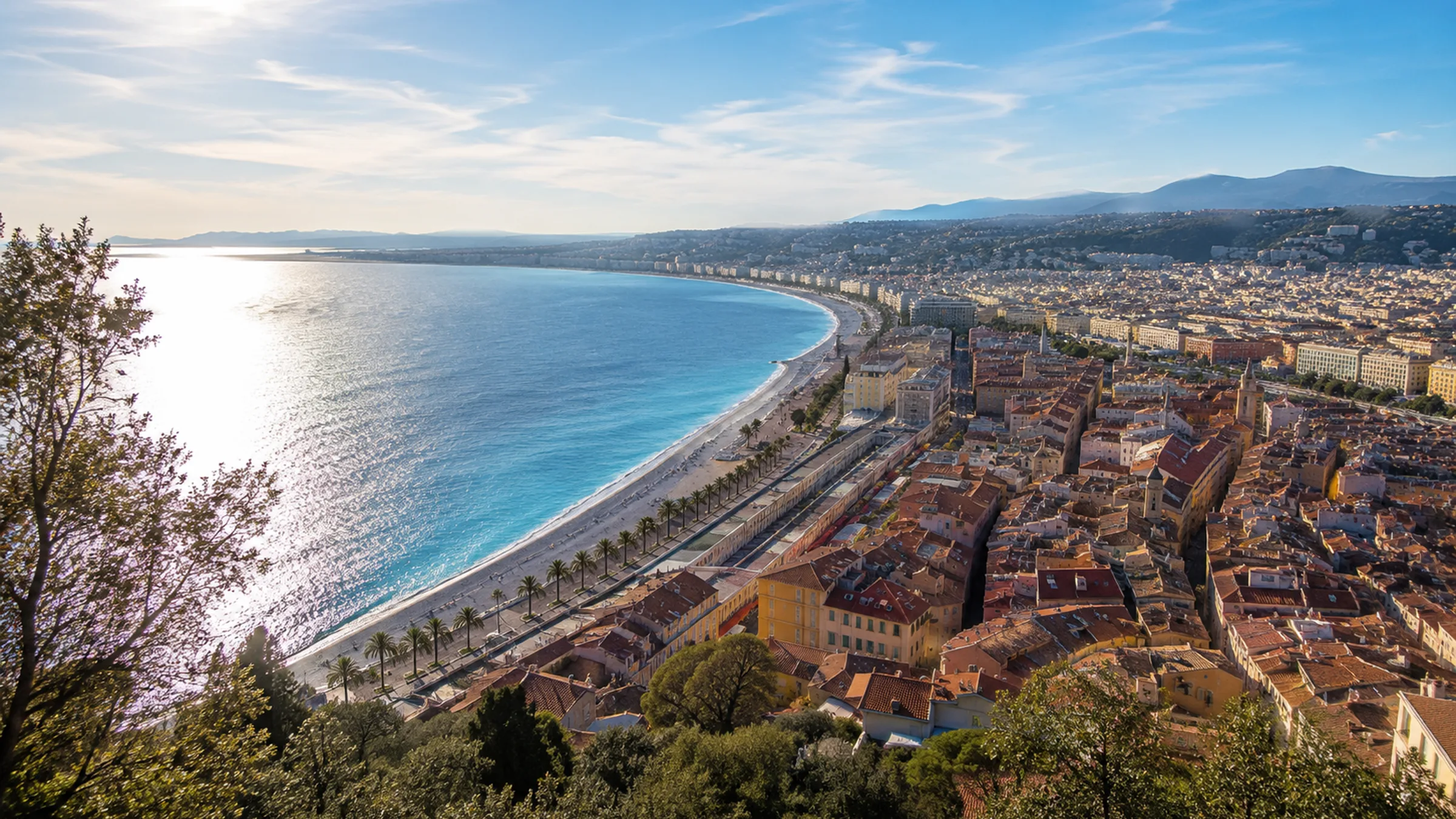 The Côte d’Azur coastline near Nice, along the bay from Cannes