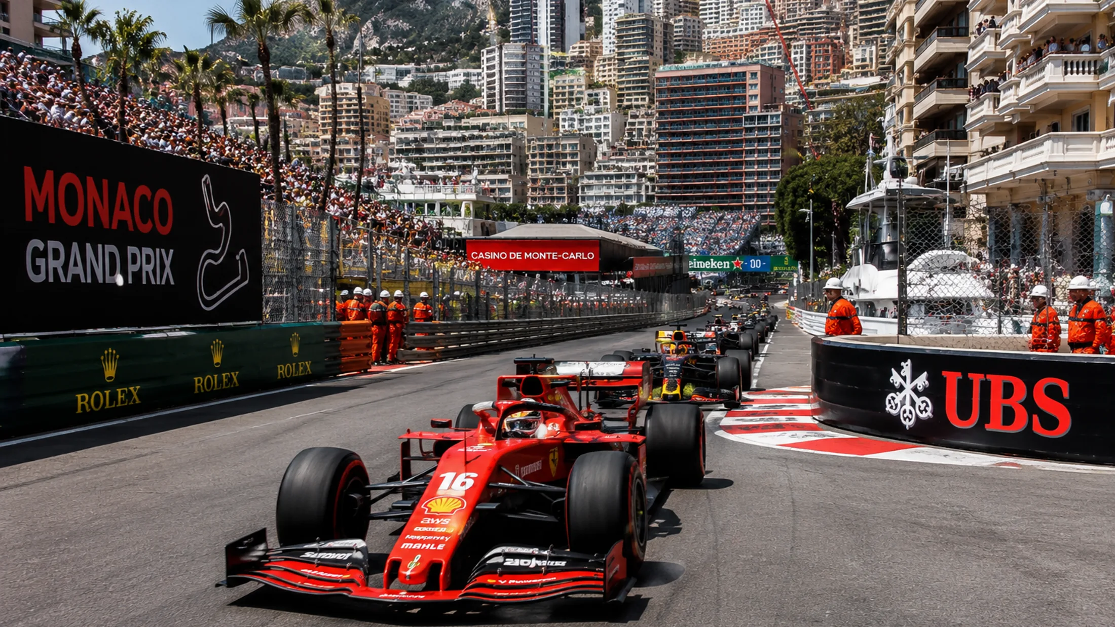 Port Hercule, Monaco, during the Grand Prix — the harbour circuit and grandstands