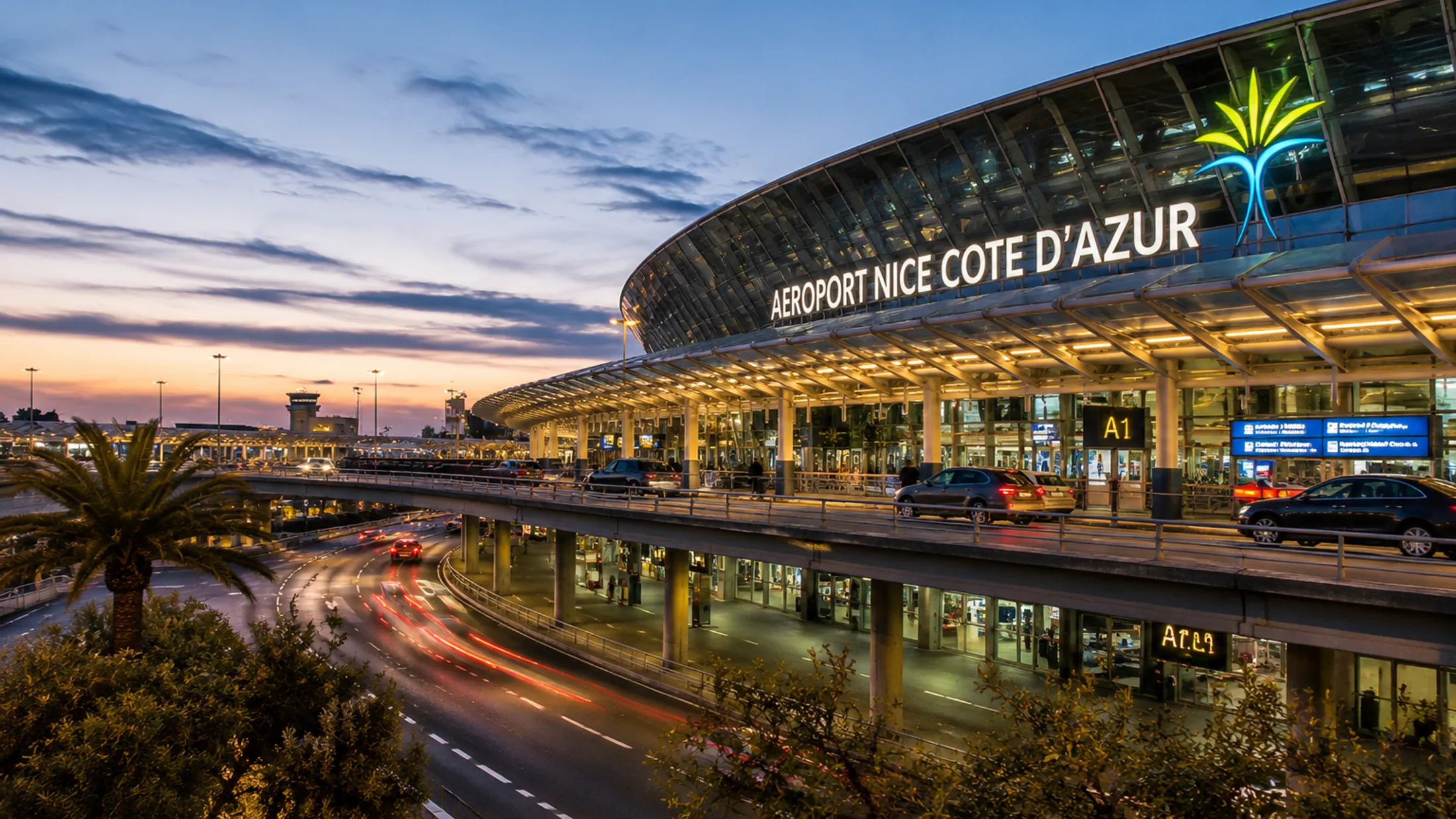Nice Côte d’Azur Airport terminal at dusk